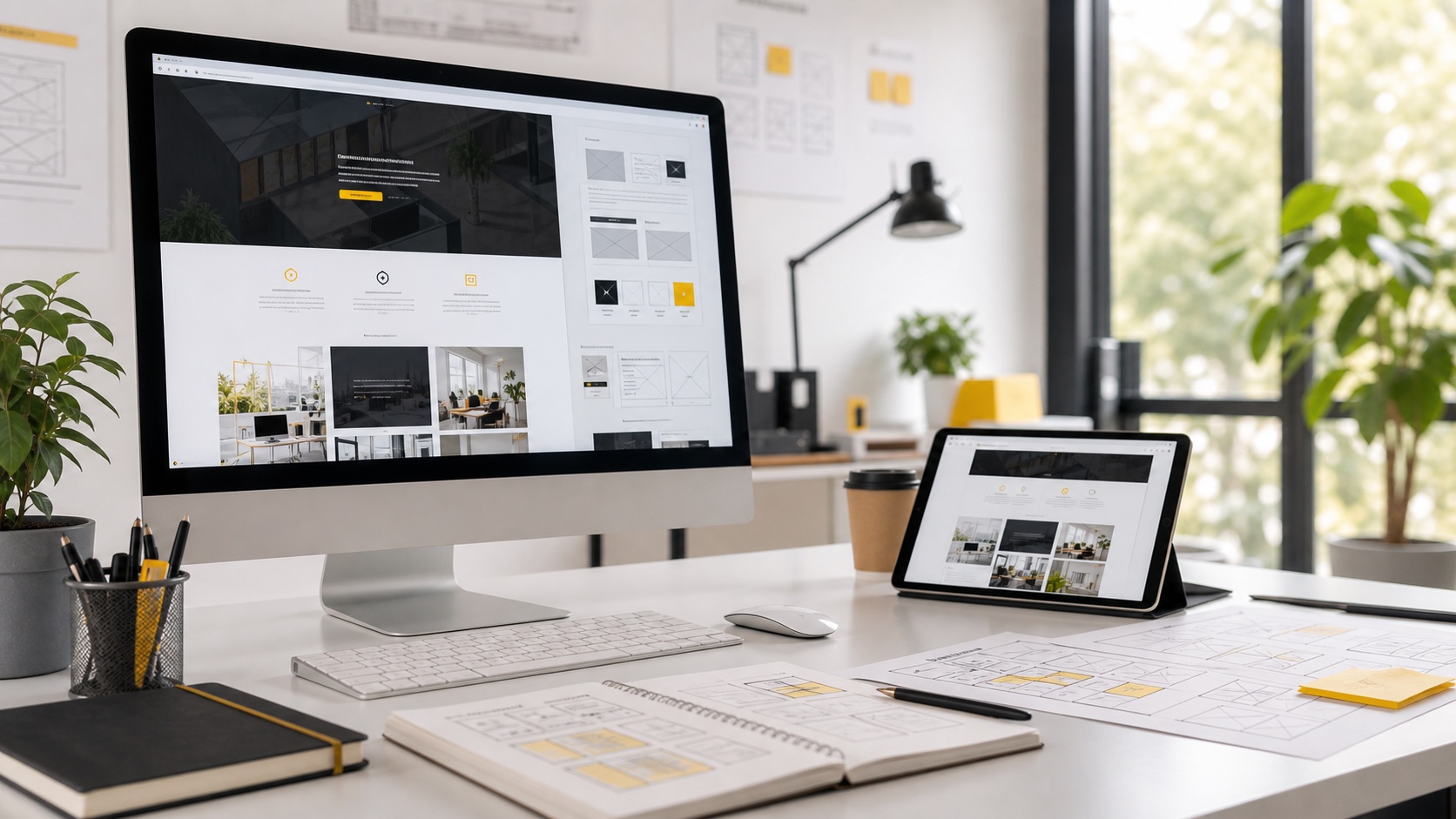 Website design workspace showing responsive layouts for Giraffe Digital service business websites.