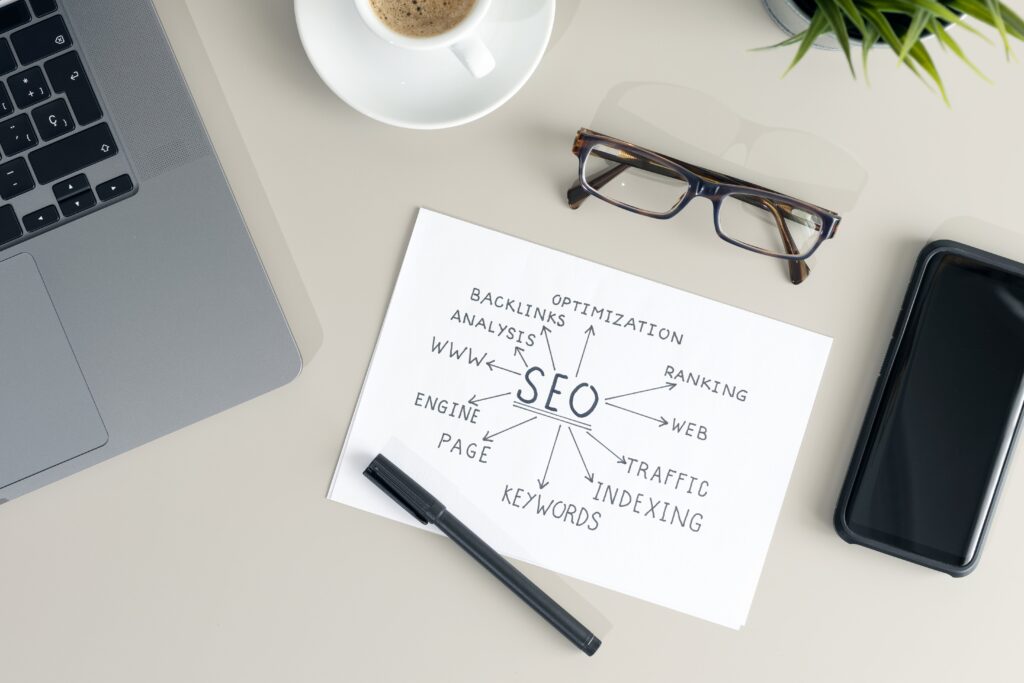SEO planning notes on a desk